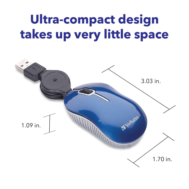 Verbatim USB Corded Mini Travel Optical Wired Mouse for Mac and PC - Commuter Series Blue