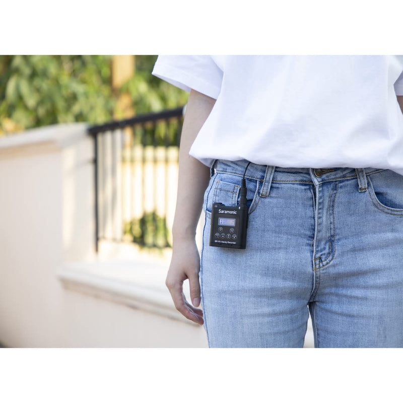 [AUSTRALIA] - Saramonic SR-R1 Ultra-Compact Belt Pack Stereo Recorder with 3.5mm Microphone or Line-Level Input, Headphone Out, and Includes DK3A Premium Lavalier and Padded Pouch, Black 