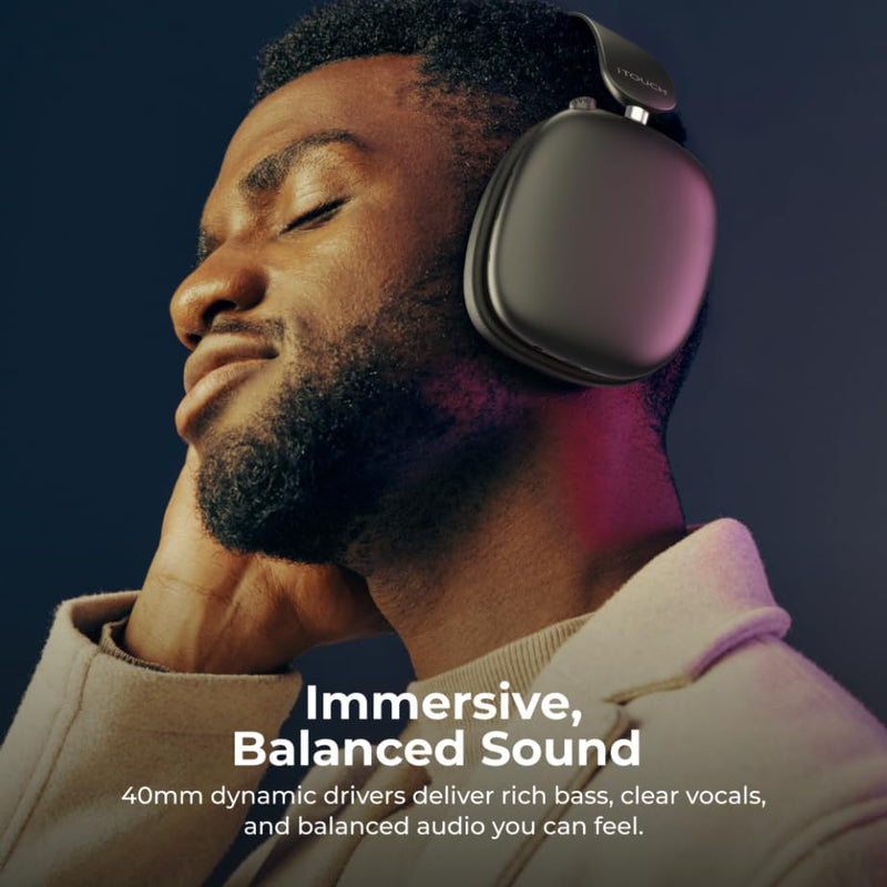 iTouch Pulse Vibe PRO Wireless Over-Ear Bluetooth Headphones with Active Noise Cancellation, 63H Playtime, 40mm Drivers, Dual Device Pairing, Foldable, USB-C Charging, AUX Wired Mode (Silver) Silver