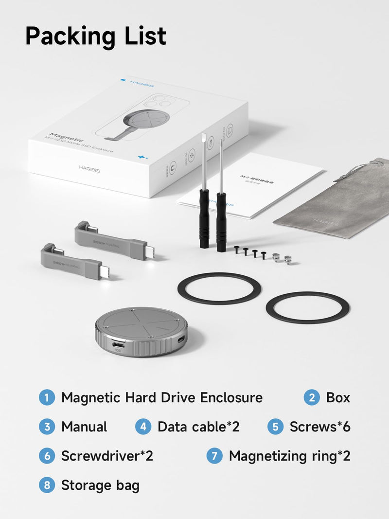 Hagibis Magnetic M.2 2230 NVMe SSD Enclosure with Magsafe for iPhone 17 16 15 Pro Max ProRes, USB C 3.2 Gen2 10Gbps to NVMe Adapter, Aluminum External SSD Case for MacBook, iPad Pro, Android (MC100) MC100