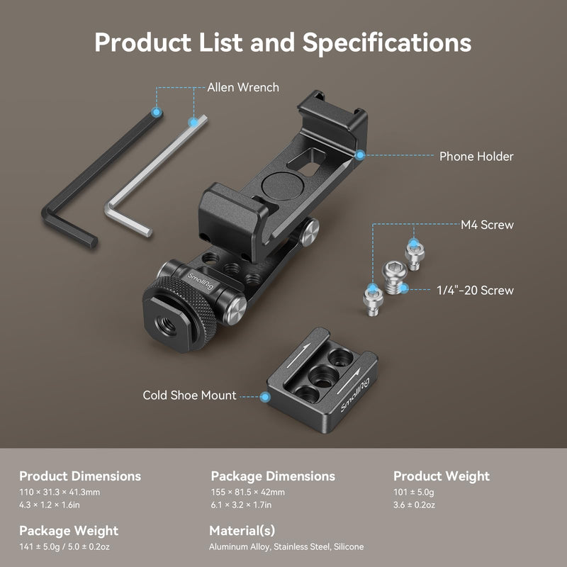 SmallRig Phone Support for DJI Stabilizers, Adjustment Phone Mount Adapter with 1/4"-20 Threaded Hole, Cold Shoe for DJI RS 4 Mini/RS 4 Pro/RS 3 /RS 3 Pro/RS 3 Mini/RS 2 / RS C2 / R S/R SC - 4301 with Cold Shoe Mount