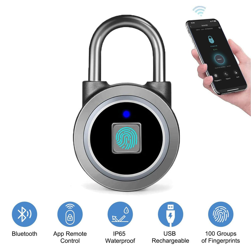 Fingerprint Padlock, Bluetooth Lock, Mobile APP, MEGAFEIS Smart Padlock with Keyless Biometric, Water Resistant, Suitable for Gym, Sports, Bike, School, Locker and Storage(Grey) Gray