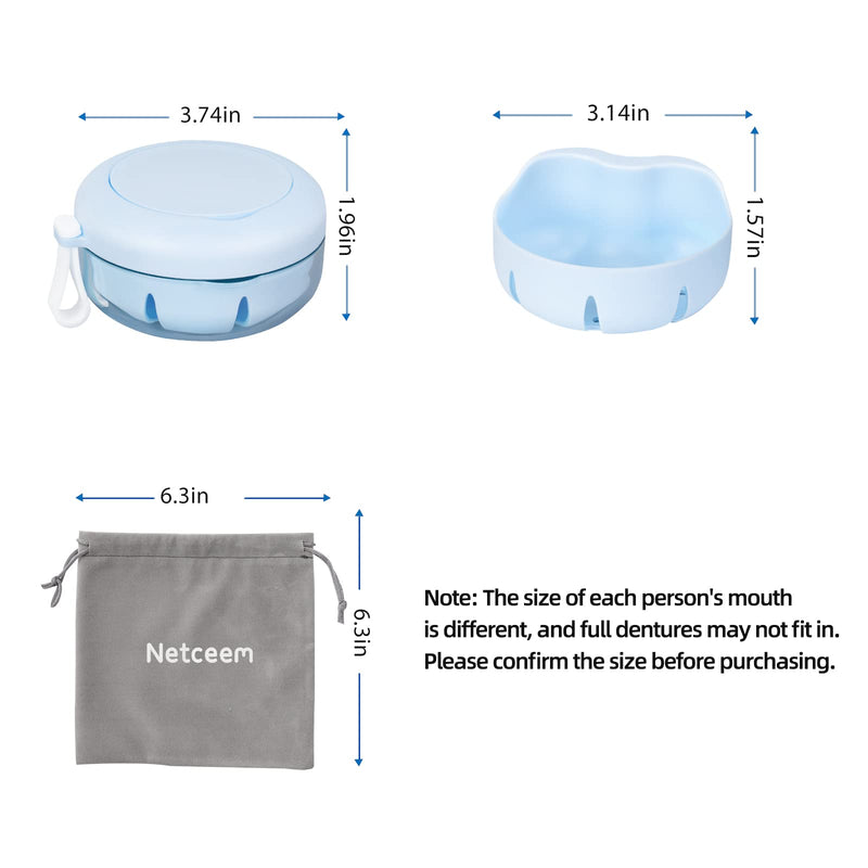 Leak Proof Denture Cup Kit Portable Retainer Case Perfect for Travel, Denture Case Container Cleaning Care for Dentures Aligner Mouth Guard with Denture Brush,Strainer, Removal Tool and Mirror Blue