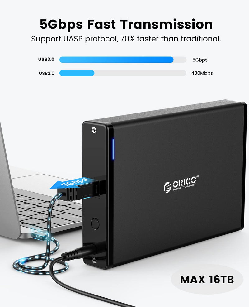 ORICO 3.5 Inch External Hard Drive Enclosure with Removable Enclosure USB 3.0 to SATA 3.0 5Gbps for SATA 3.5 Inch HDD with 12V 2A Power Supply Adapter (16TB Max, Blue Display) 7688U3 ORICO 7688U3-EU-BK-BP