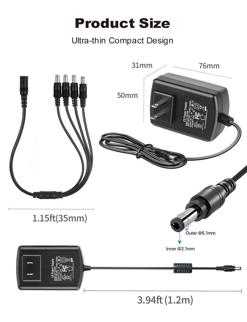 Lonnky DC 12V 2A Security Camera Power Supply Adapter Combine with 1 to 4 Power Splitter Cord Cable for CCTV Security Camera/DVR/NVR/LED Strip Lights, UL/FCC/CE Certificated 1PACK+1T4 Cable-B Black