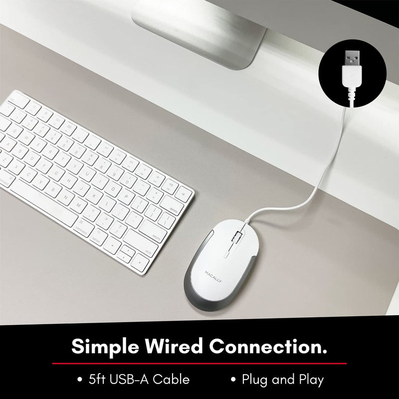 Macally Silent Wired Mouse - Slim & Compact USB Mouse for Laptop/Desktop Windows PC or Apple Mac - Designed with Optical Sensor & DPI Switch - Simple & Comfortable Wired Computer Mouse (White) White with Silver Trim