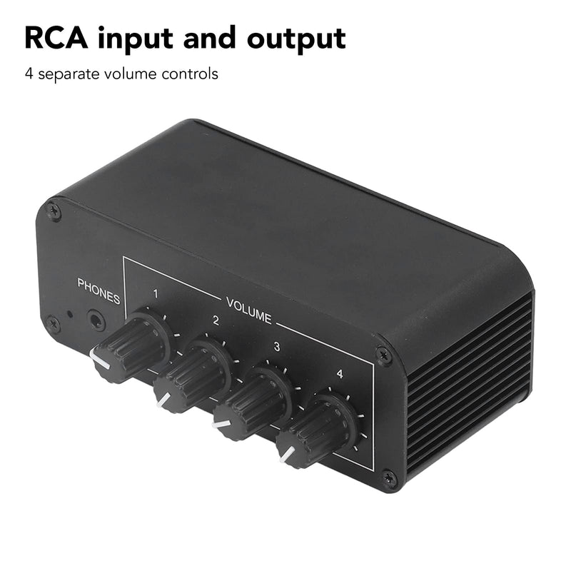4 Channel Stereo Sound Mixer, Stereo Channel Mini Audio Mixer with Ultra Low Noise, Input and Output, Separate Volume Controls for Headphones