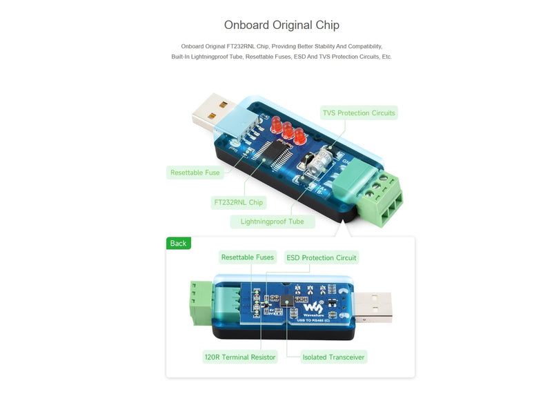 waveshare USB to RS485 (C) Converter Adapter with Original FT232RNL Chip,Industrial Grade Isolated Bidirectional Converter,ESD and TVS Protection,Compatible with Multiple Systems