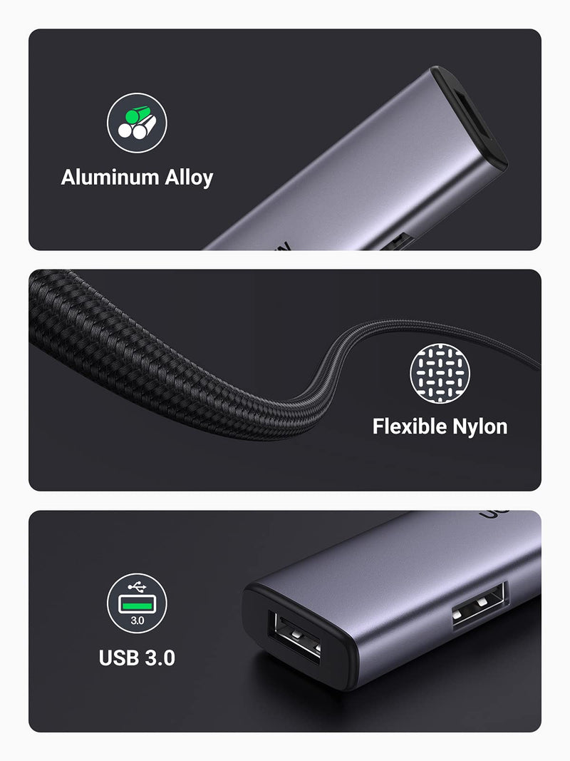 UGREEN USB Hub, Aluminum 4-Port USB 3.0 Hub with Powered Support Output for High Power Equipment, USB Port Splitter for Laptop,iMac, MacBook, Surface Pro, Dell, PS4, Flash Drive, Mobile HDD