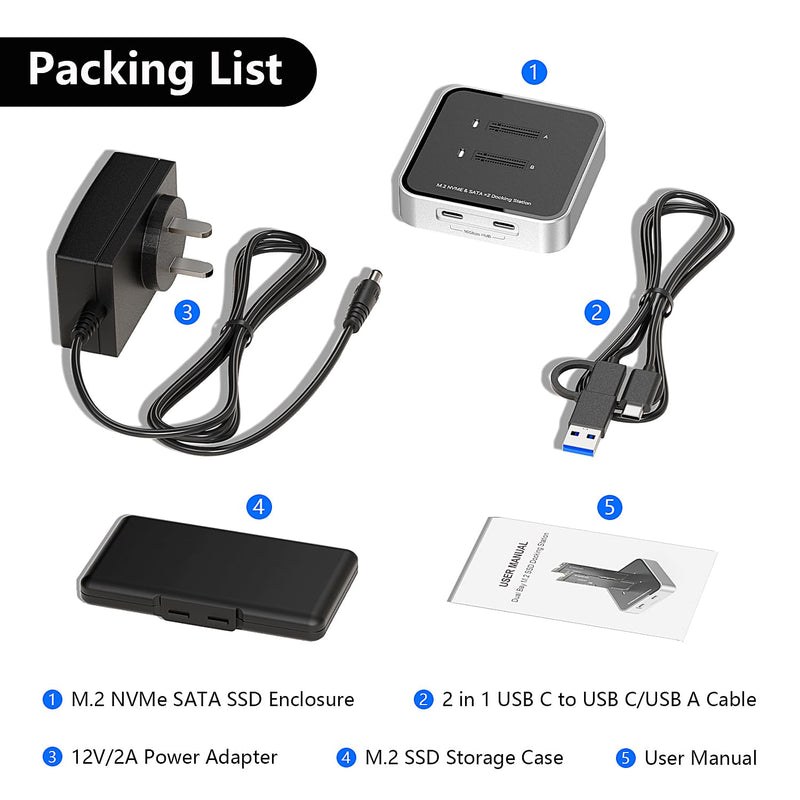 Dual Bay M.2 NVME SATA SSD Enclosure, USB 3.2 10Gbps HUB PCIE NVMe Docking Station, Up to 16TB, Plug and Play, with M.2 SSD Storage Case