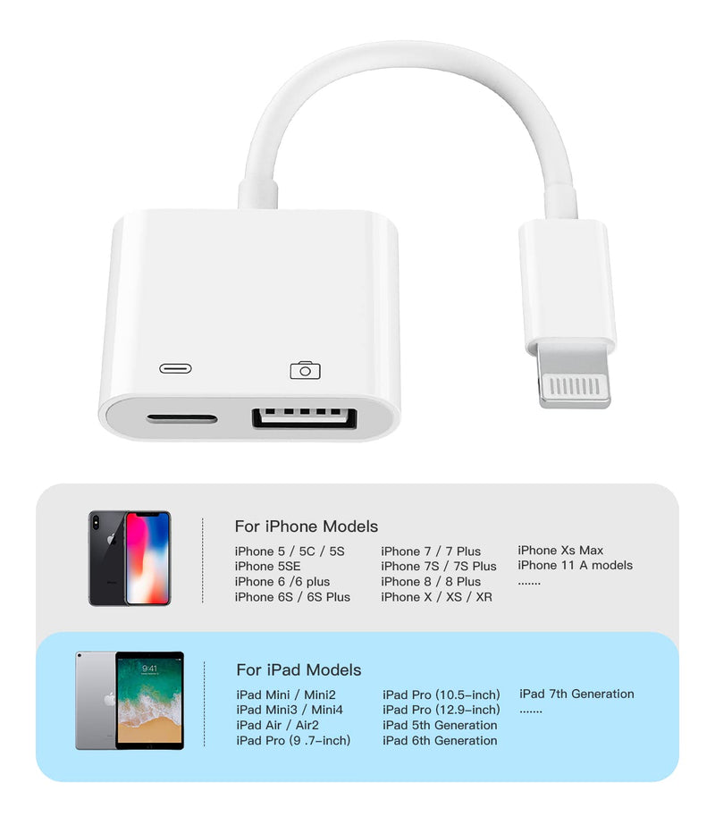 [AUSTRALIA] - Apple Certified Lightning Male to USB Female Adapter OTG and Charger Cable for iPhone 11 12 Mini max pro xs xr x se 7 8plus Ipad air A Camera Memory Stick Flash Drive Cord Converter Charging Splitter USB+Lightning 1Pack White-1 