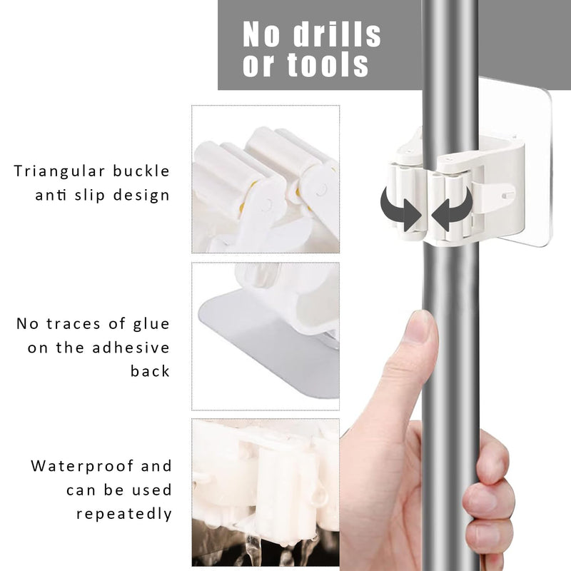 8 Pack Self Adhesive Mop Holder Wall Mounted Organizer Clip Broom Clips No Drilling for Bathroom Kitchen Office Closet Garden Garage Utility Room Tool Rack Storage - White