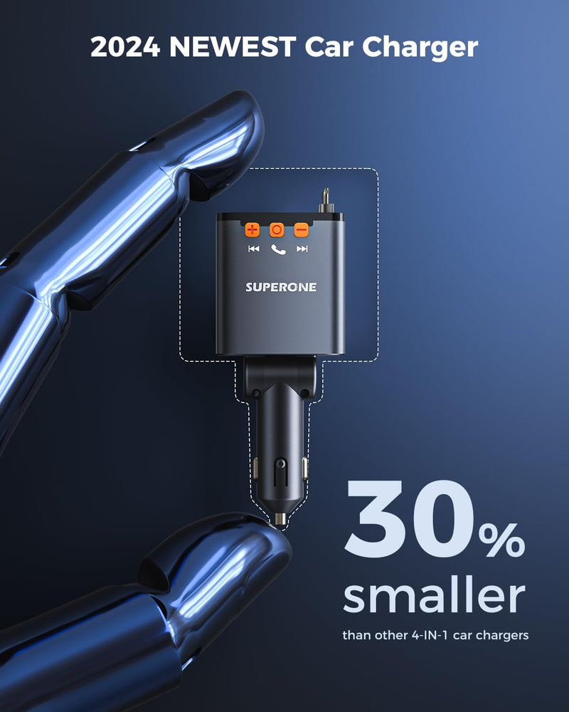 [AUSTRALIA] - SUPERONE 69W Retractable Car Charger with Dual Cables, Compact Bluetooth 5.3 Car Adapter, FM Transmitter Radio Receiver for Hands-Free Calls & MP3 Music, USB C Fast Charging for iPhone Android 