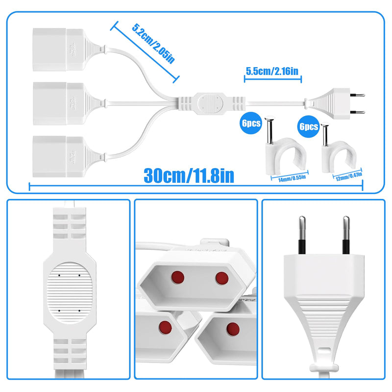 EU Extension Plug Extension Cable Euro Plug, 3-in-1 Socket Adapter with Flexible Cable, Euro Flat Power Cable Extension, 2 m EU Flat Plug Distributor, 250 V, White 3 in 1 socket adapter