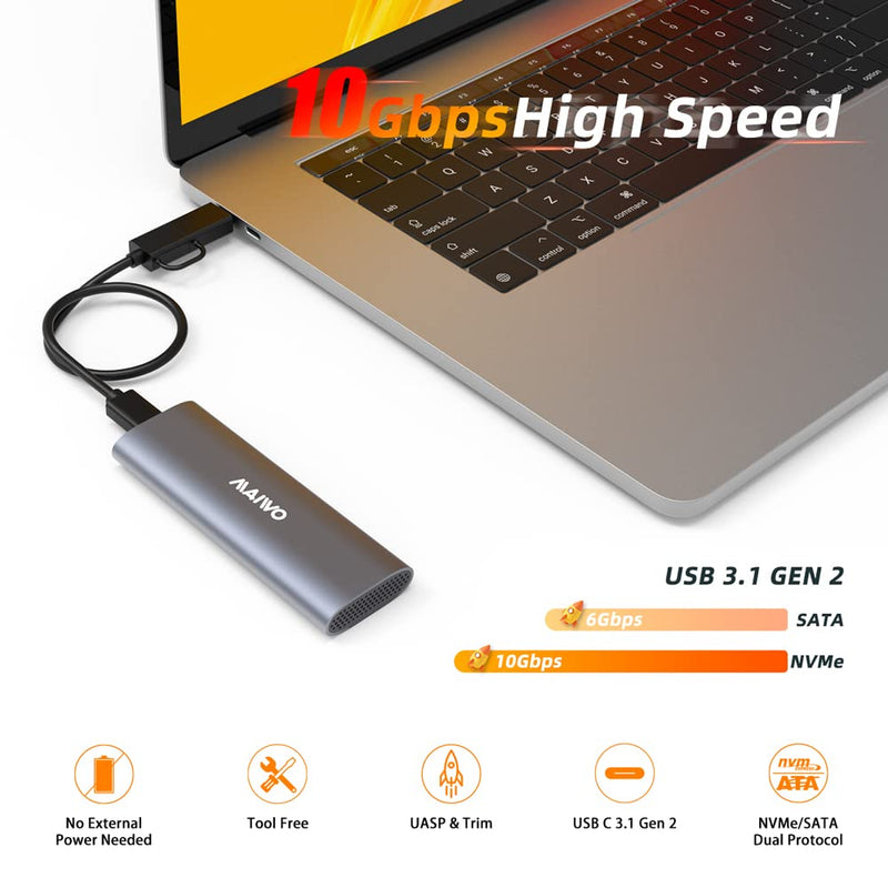 MAIWO M.2 SSD Enclosure Adapter,USB C to M.2 NVME/SATA,MAX 10Gbps,Support 2TB Storage Expansion,Support M or B&M Keys,Aluminum Alloy,Tool Free,Automatic Sleep (FIts 2230/2240/2260/2280)