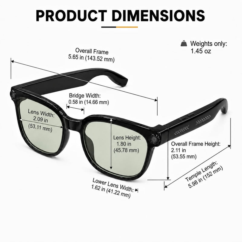 AI Smart Glasses with Photochromic Lenses, 8MP HD Camera, Bluetooth Audio | AI Translation Support; Open-Ear Audio; Dual ENC Microphones; Lightweight TR90 Frame; 290mAh Battery; Office Travel Use; Call Clear Lens