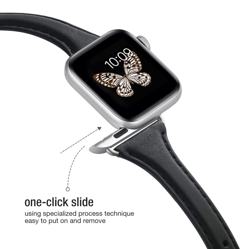 Slim Apple Watch Leather Band and Stainless Steel Metal Band for iWatch 38mm, 40mm, and 41mm，Black Silver+Metal Silver