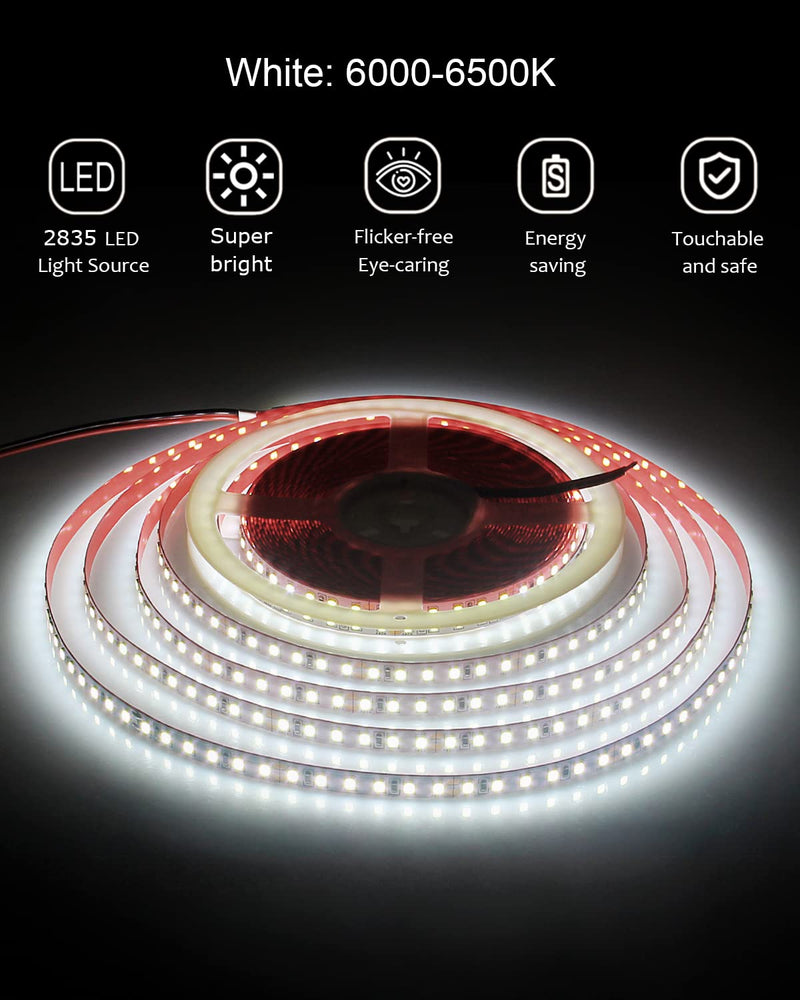 ALITOVE 65.6ft White LED Strip Lights Daylight 6000K 24V Ultra-Bright 120LEDS/M High-Density LED Flexible Light Strip 20M 2400 LEDs 2835 SMD Commercial Grade Rope Lights (No Power Adapter) Daylight White SMD 20M IP20
