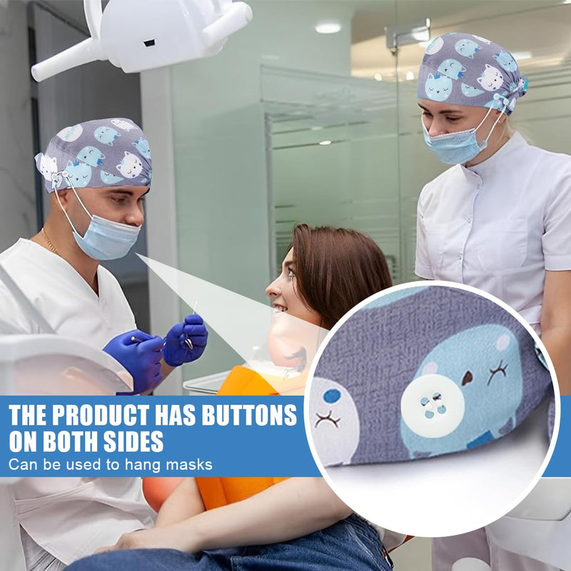 [AUSTRALIA] - BQRKOTM Unisex Scrub Hat, Cotton Scrub Cap with Adjustable Sweatband, Printed Medical Hat with Buttons, Dust Cap 