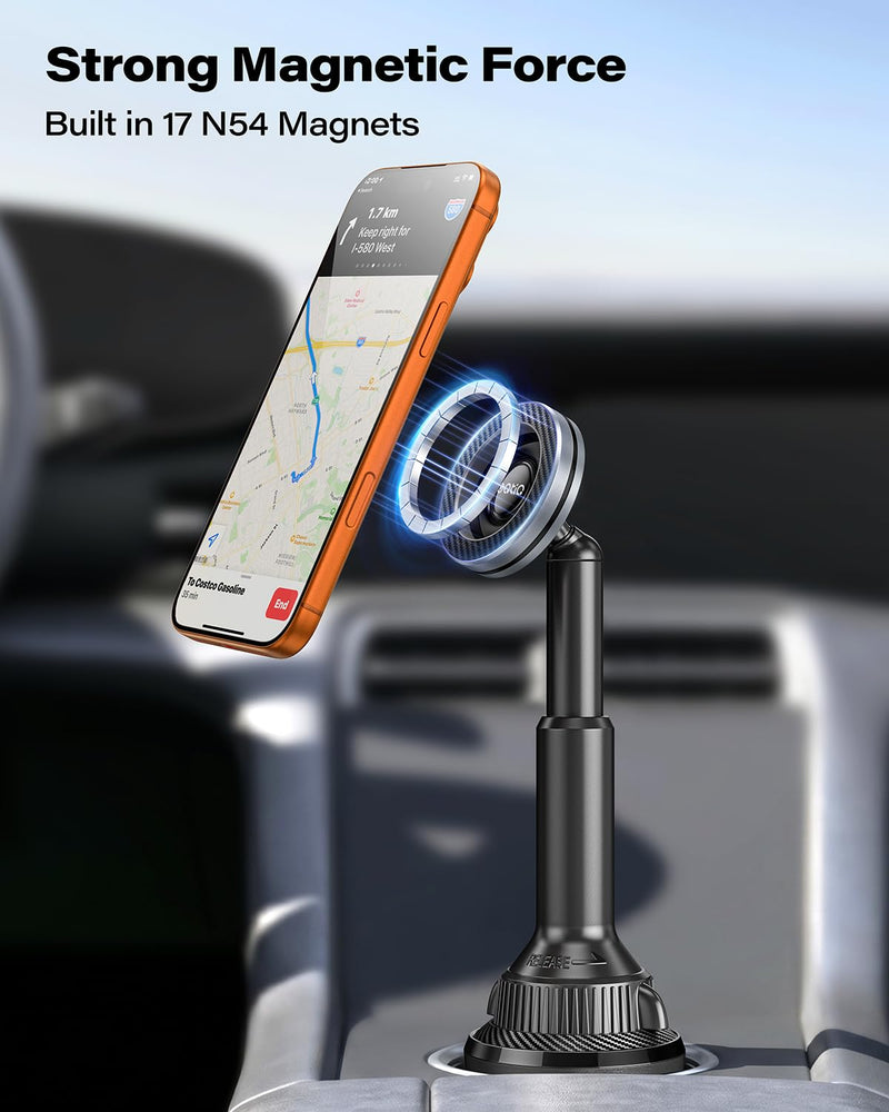 OQTIQ Phone Cup Holder for Car Mount for MagSafe, Quick Extension Long Arm | 360° Rotation, Fits 3"-4" Cup Holders - Stable & Secure for iPhone 12-17 Series, Carbon Fiber Pattern Black