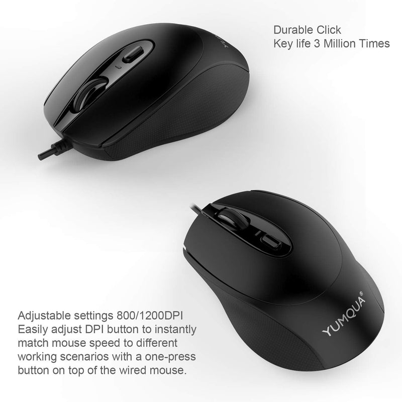 YUMQUA G222 Silent Computer Mouse Wired 2 Pack, Home & Office Optical USB Mouse, 800/1200 DPI Corded Mouse for Laptop Desktop Computer PC Chromebook