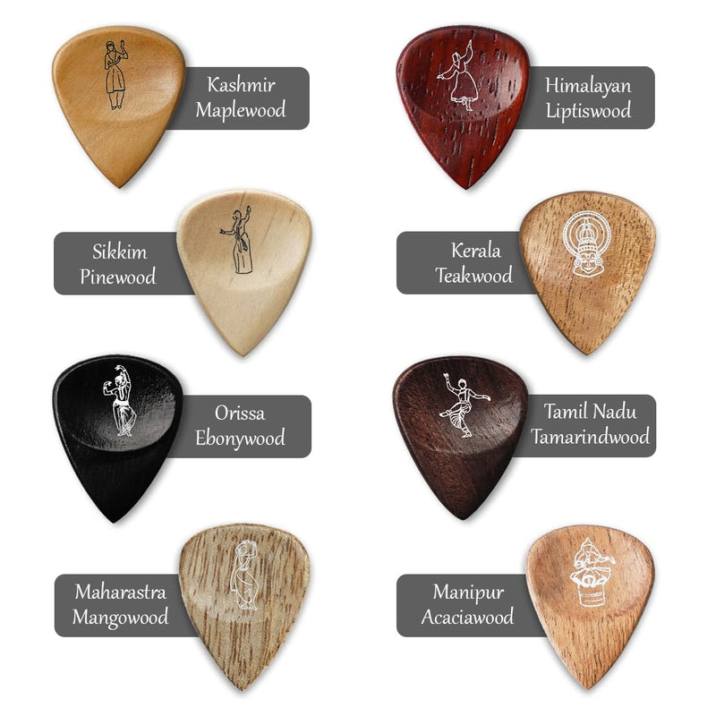[AUSTRALIA] - Kadence Heritage Wooden Guitar Picks – Set of 8 Handmade Picks with Indian State Woods & Art – Includes Maplewood, Teakwood, Ebonywood – For Acoustic & Electric Guitars 