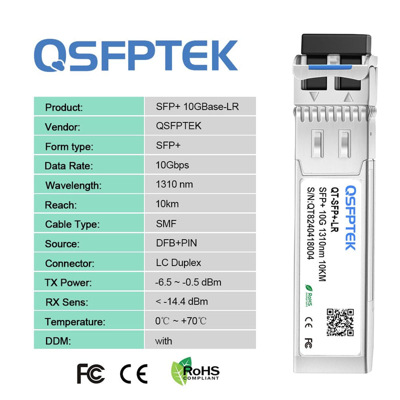 QSFPTEK 10GBASE-LR SFP Module, 10gbe SFP+ 1310nm 10km Duplex LC SMF DOM Optical Networking Transceivers, MINI GBIC Compatible SFP-10G-LR, and Other Open Switch, 1pc x 1 SMF 10G 10KM