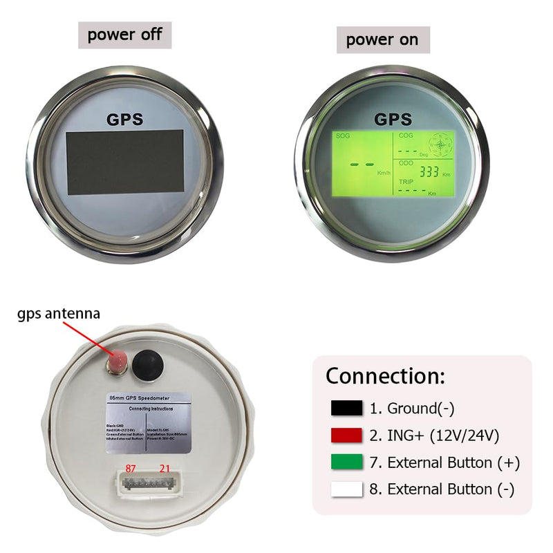 85mm 3 3/8" Boat Waterproof Digital GPS Speedometer MPH KM/H ODO COG Trip with 7 Backlights 12VDC 24V for Motorbike Boat Truck Racing Car (White&Silver) White&Silver