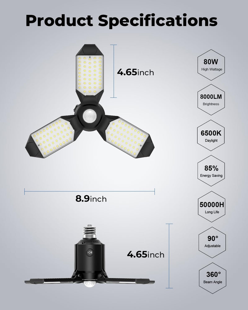 [AUSTRALIA] - toberich 2 Pack Motion Sensor Garage Lights, 8000LM Garage Lights Motion Activated, 6500K Indoor Motion Sensor LED Light Bulb for Garage, Utility Room, Laundry Room, Basement 