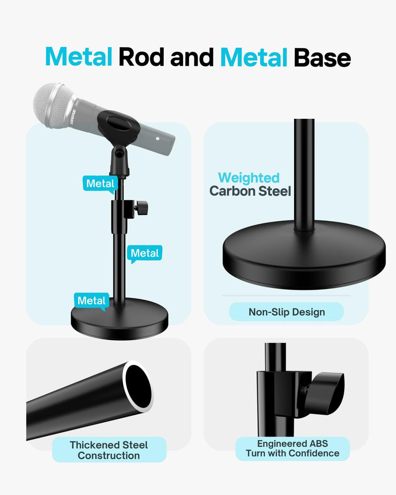 Desk Mic Stand with Multi Microphone Holder|Heavy Metal Base Anti-Tip Design|Adjustable Height Stand for Podcast&Studio|Holds 6 Mics|Clip & Mount Adapter for Shure SM57/SM58/SM7B,Blue Yeti,Fifine Mics