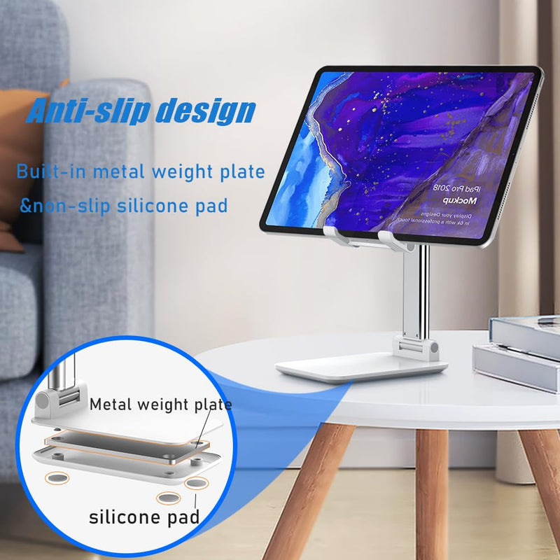 Cell Phone Stand, Angle Height Adjustable Cell Phone Holder with Silicon Pad for Desk Fully Forldable Mobile Phone Holder Compatible with All Mobile Phones, MT-6, (White) White