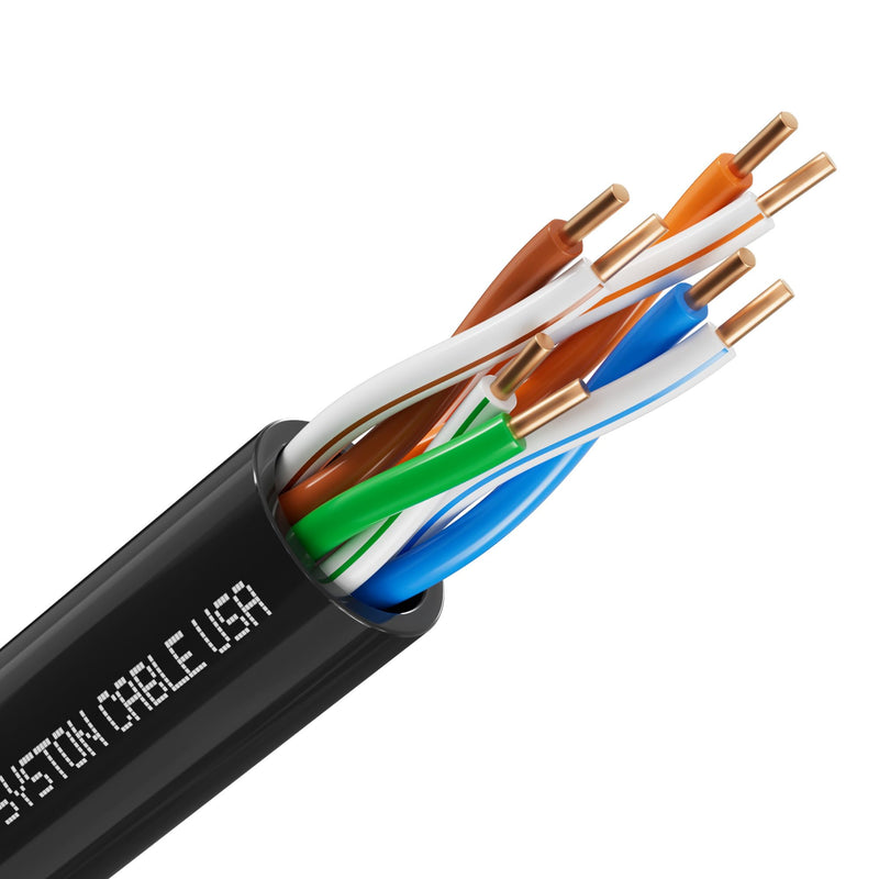 Syston Cable Technology Cat 5e Ethernet Network Cable - 250 FT，350MHz 24AWG Solid Bare Copper Wire Outdoor/Indoor, Bulk No Ends 10 Ft to 1000 Ft Available, Heat Resistant Riser Rated - CMR Black