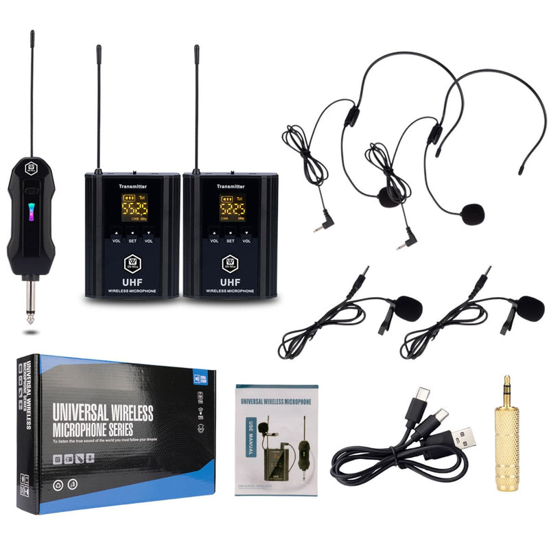 W IN-MIX UHF Wireless Microphone System, Portable Cordless Microphone Set with Headset, Lavalier, Beltpack Transmitter for Karaoke,Church and Party(2) 2 Pack