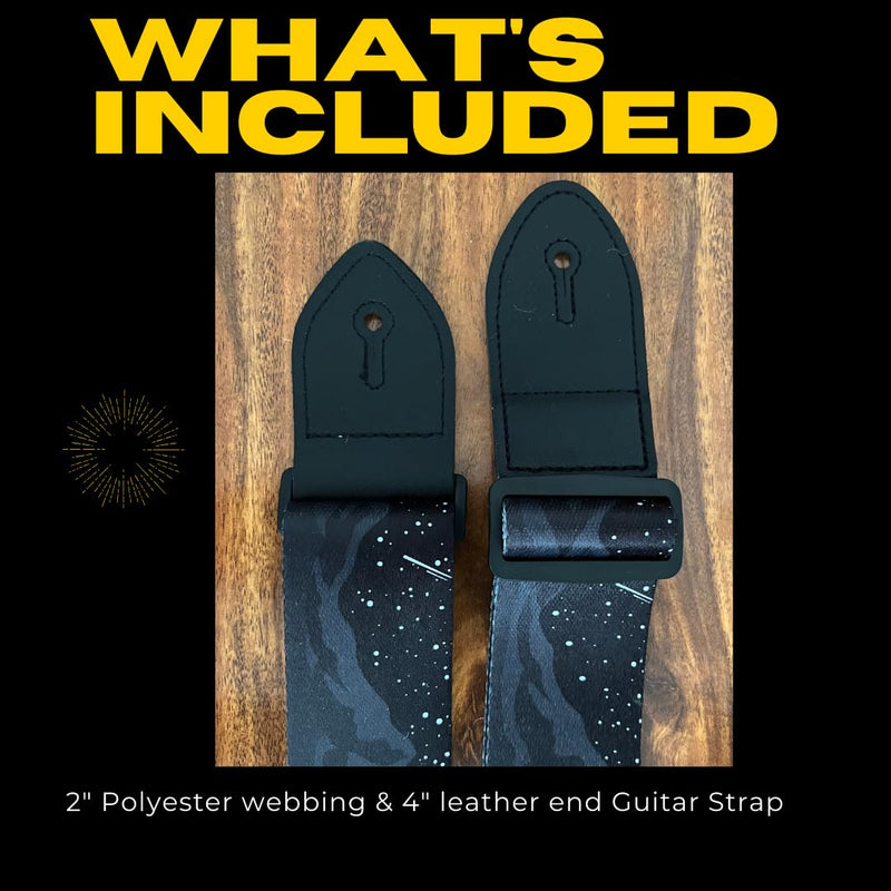[AUSTRALIA] - Generic Midnight Mountain Star Guitar Strap, Polyester Webbing strap with Genuine Leather Ends., Black 