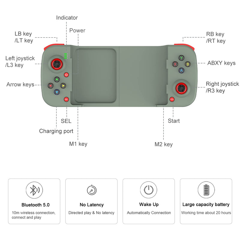 Joso Bluetooth Controller for iPhone, Android, Direct Play, Low Latency, Phone Controller Gamepad Joystick for Galaxy S23 S22 S21 20 Ultra, iPhone 14 13 12 11 Pro Max, COD Mobile, Genshin Impact Green