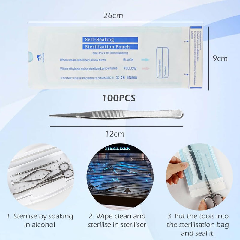 Self-Adhesive Sterilisation Bags, Pack of 100 Self-Sealing Sterilisation Bags, 90 x 260 mm Disposable Sterilisation Bags, Self-Sealing Bag, Sterilisation Bags, Autoclave Steriliser Bag