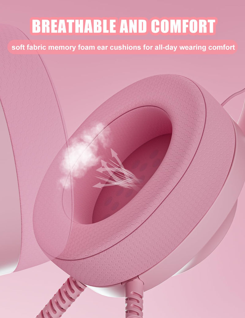 [AUSTRALIA] - WIRWTRU S30 Gaming Headset with Microphone,198g Lightweight Design, Wired Gaming Headphones for Xbox, Xbox Series X|S, PS5, PS4, Switch, PC, Noise Cancelling Mic, Soft Earmuffs (Pink) Pink 