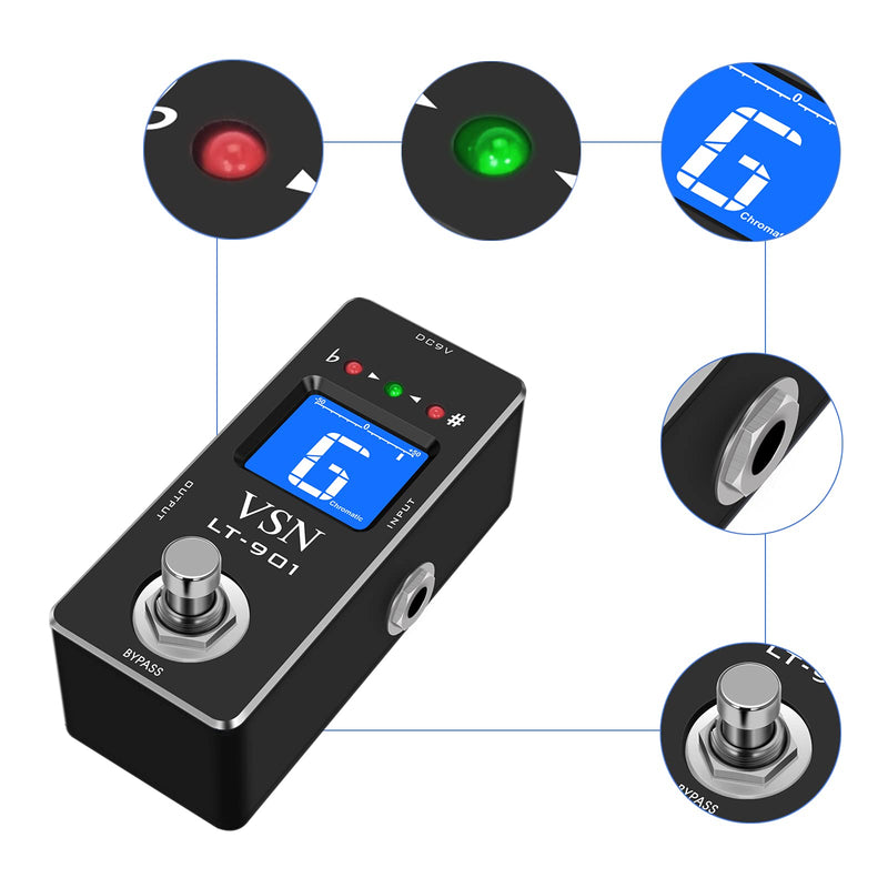 VSN Tuner Pedal,Chromatic Guitar Tuner Pedal Fast and Accuate Tuner for High Precision ± 1 Cent with Pitch Indicator for Electric Guitar and Bass True Bypass LT-901 Black Pedal Tuner