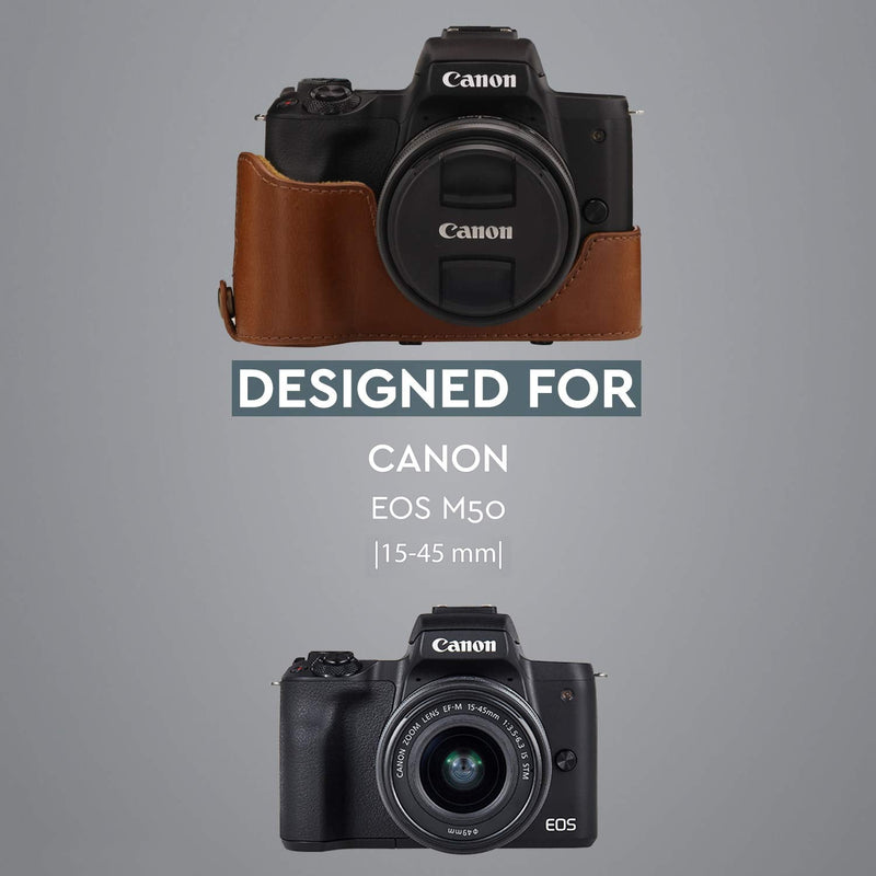 MegaGear Canon EOS M50 Leather Camera Case - Premium PU Leather Protective Cover, Ever Ready Design with Battery Access - 15-45mm Lens - Light Brown