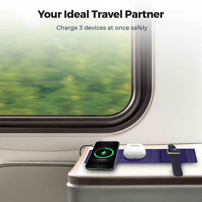 ZTAR 3-in-1 Wireless Travel Charger for iPhone 16/15/14/13/12, Samsung Galaxy with Wireless Capabilities, Earbuds & Apple Watch, Portable Foldable MagSafe Charging Pad for Multiple Devices PURPLE