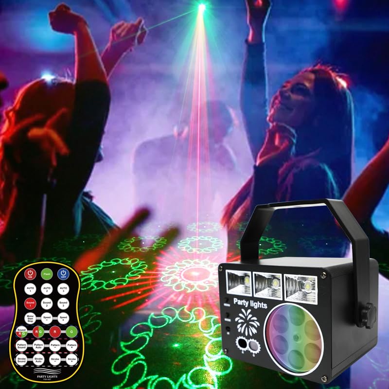 WUZSTAR Stage Lights with Yellow-Green Beam, 3-White Strobe Effects & RGBYW LED Patterns - Sound-Activated Music Sync, Remote Control for DJ Parties, Clubs, Weddings, Home Disco