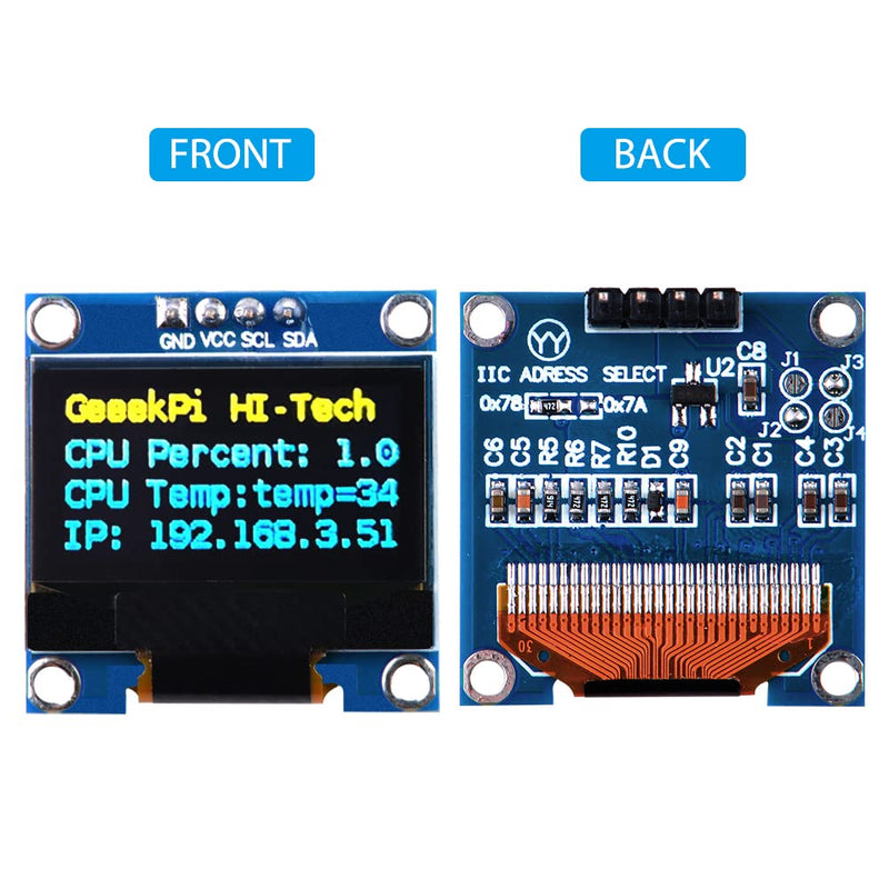 GeeekPi 2Pcs OLED Display Module I2C IIC 128X64 Pixel 0.96 Inch Display Module Yellow Blue Two-Color Display Compatible with Raspberry Pi Arduino 51 Series MCU STM32 R3 and Mega