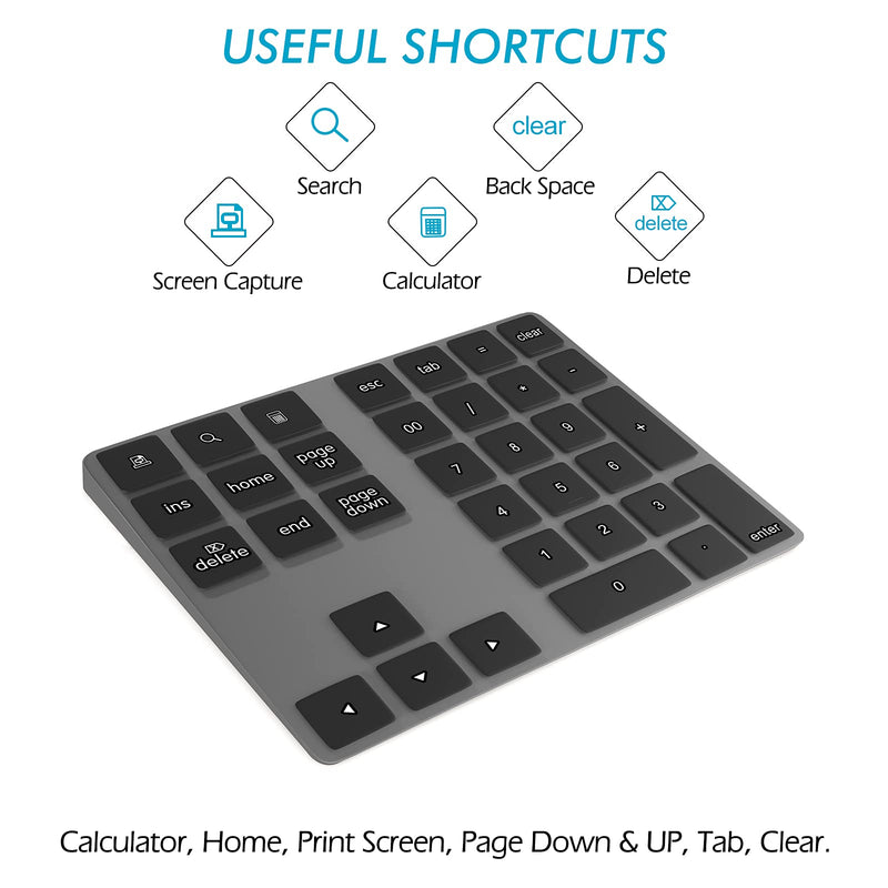 Bluetooth Numeric Keypad, Foloda Aluminum Rechargeable 34-Keys Wireless Number Pad External 10 Keys Numpad Data Entry Compatible for Laptop MacBook Mac Windows