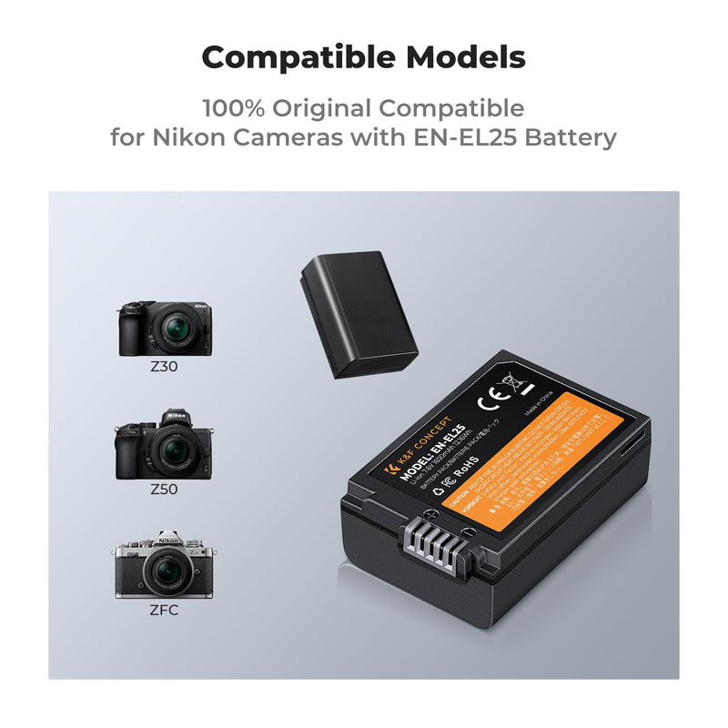 K&F Concept 1600mAh EN-EL25 EN-EL25A Battery and Charger Set, 2 Pack for Nikon Z30 Z50 ZFC Camera, Replacement Batteries with LCD Dual Slot Charger