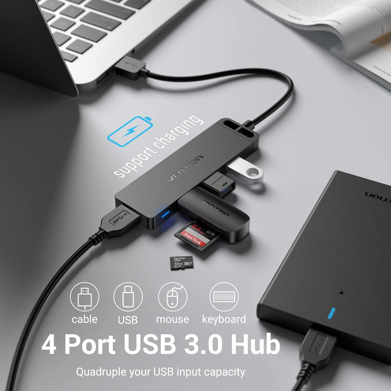 USB Hub, VENTION 4-Port USB 3.0 Hub Ultra-Slim Data USB Splitter Charging Supported Compatible with MacBook, Laptop, Surface Pro, PS4, PC, Flash Drive, Mobile HDD (0.5FT/0.15M) 0.5FT USB-A HUB