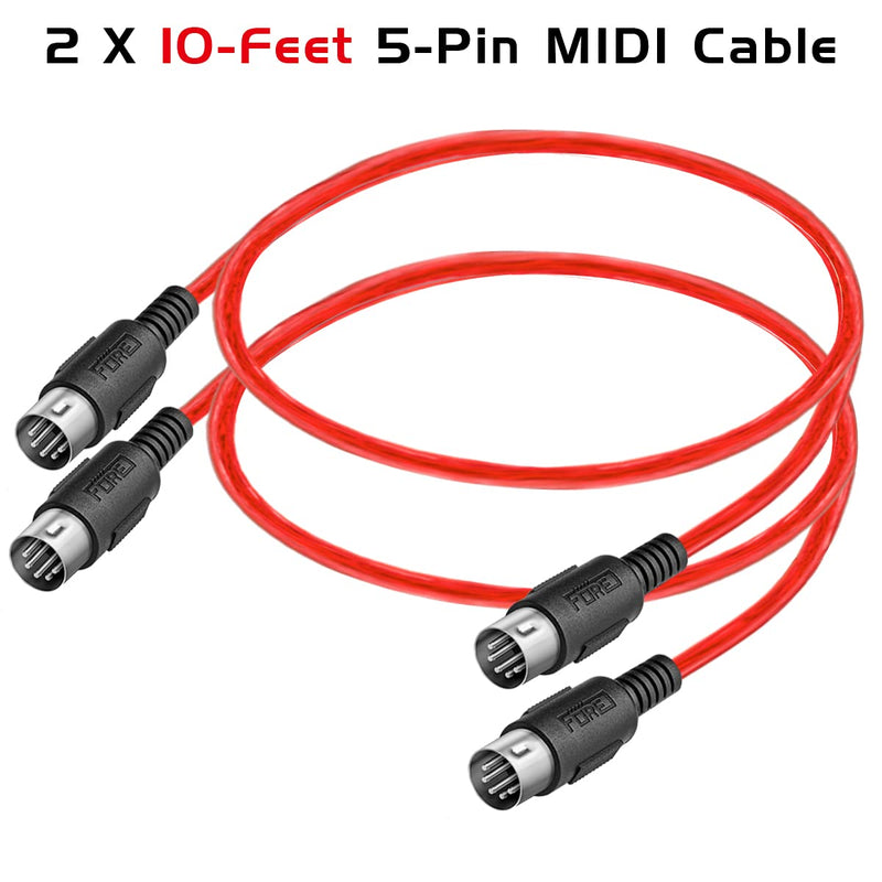 FORE 10 Feet 2-Pack Male to Male 5-Pin DIN MIDI Cable Compatible with MIDI Keyboard/Synthesizer/Guitar Multi Effects/Audio Interface/Audio Mixer/Auido Amplifier/External Sound Card/Red 10-Feet Red