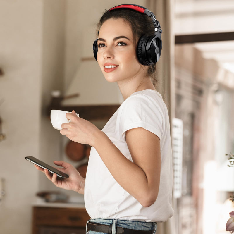 OneOdio Bluetooth Over Ear Headphones, 110 Hrs Wireless/Wired Stereo Sound Foldable Headsets with Deep Bass 50mm Neodymium Drivers for PC/Phone/Tablet - Studio Wireless Pro C, Red