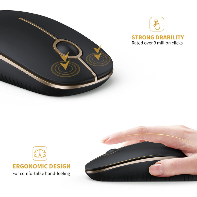 VssoPlor Wireless Mouse, 2.4G Slim Portable Computer Mice with Nano Receiver for Notebook, PC, Laptop, Computer (Black and Gold) Black and Gold