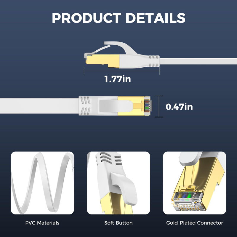 Cat8 Ethernet Cable 200ft White,High-Speed 40Gbps 2000Mhz Lan Internet Cable Gold Plated RJ45 Connector,Outdoor Indoor Flat S/FTP Patch Cord for Gaming Router Modem,Faster Than Cat7 Cat6 Cat5