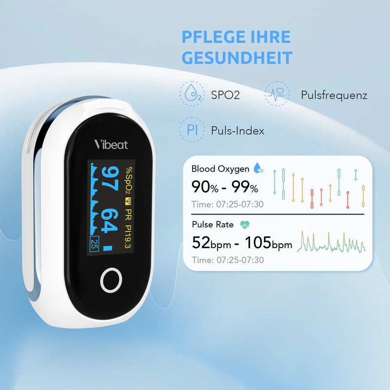 Vibeat Bluetooth Pulse Oximeter with 12 Offline Data, Rechargeable Oxygen Saturation Meter Finger, Continuous Monitoring, Pulse Oximeter, Finger Oximeter, Convenient Heart Rate Monitor with App